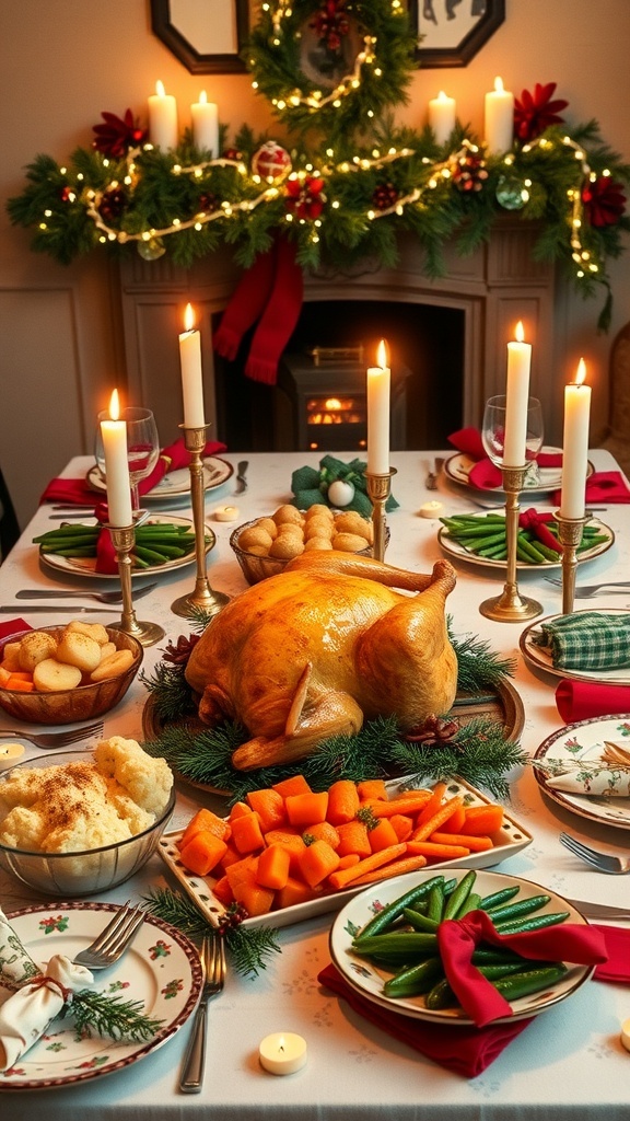 Budget-Friendly Christmas Dinner Menu Ideas A festive Christmas dinner table with roasted chicken, side dishes, and holiday decorations.